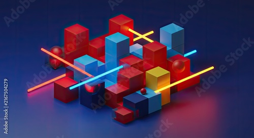 Abstract 3D rendered geometric shapes with vibrant colors and lighting effects.