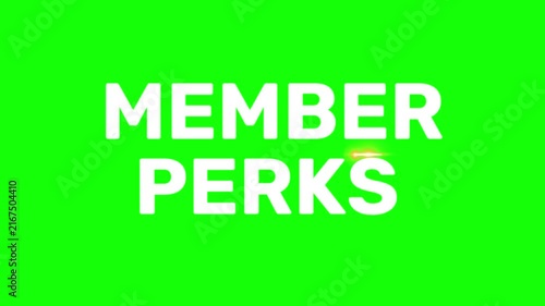 Member perks text animation with glowing light effect and floating golden particles on a bright green chroma key background for video editing with perks appearing horizontal