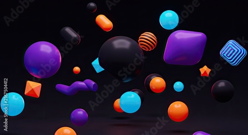 Colorful floating balloons in dark space with soft glowing lights.