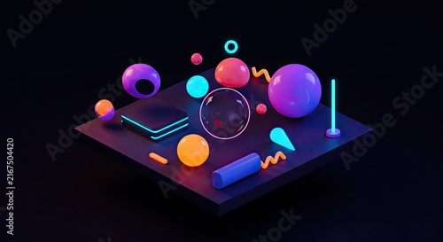 Colorful 3D rendered digital art of abstract brain with floating shapes.