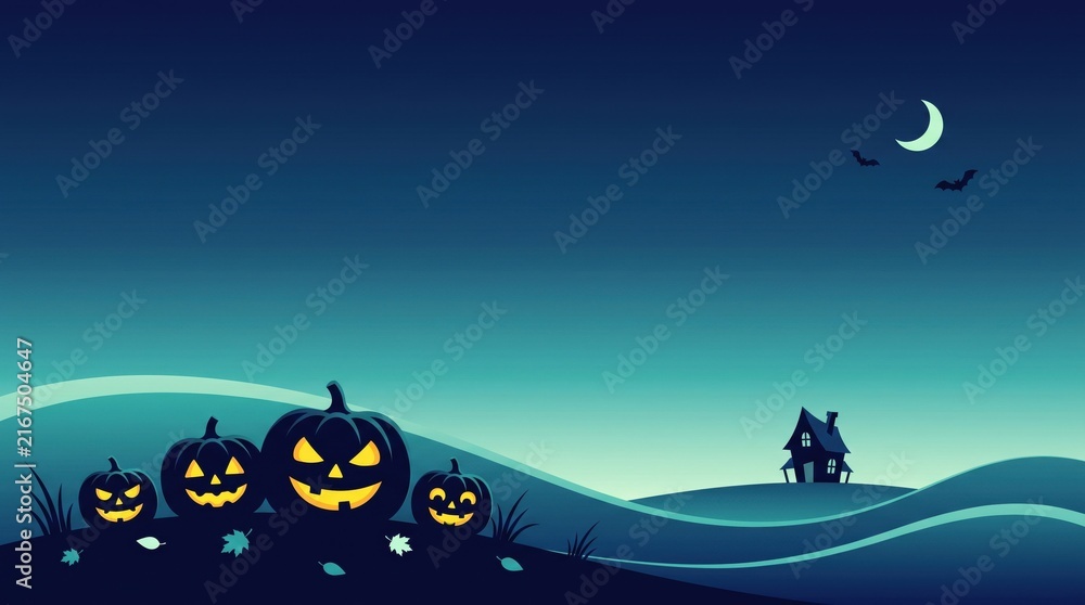 Naklejka premium A spooky halloween night scene featuring jack o' lanterns a silhouetted haunted house and a crescent moon in a dark atmospheric sky perfect for