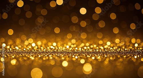 Golden string of pearls with warm ambient lighting in dark background.
