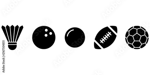 Black and white sports equipment icons set