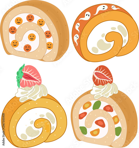 Four colorful vector cartoon jelly roll cake slices, smiling faces, Halloween ghosts, plain with strawberry, fruit salad topping