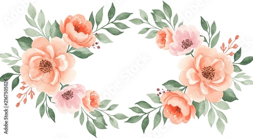 Close-up of delicate pink and white peony flowers with green leaves.