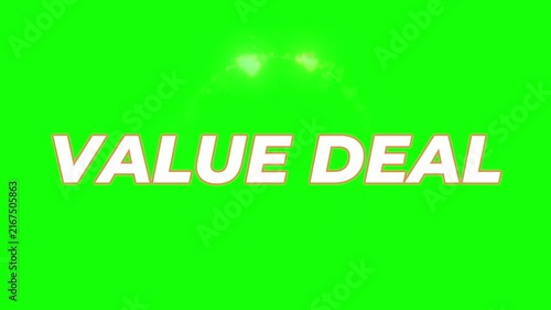 Animated value deal text with fireworks and hearts on a green screen background with video white text promotional advertising celebration typography animation lettering