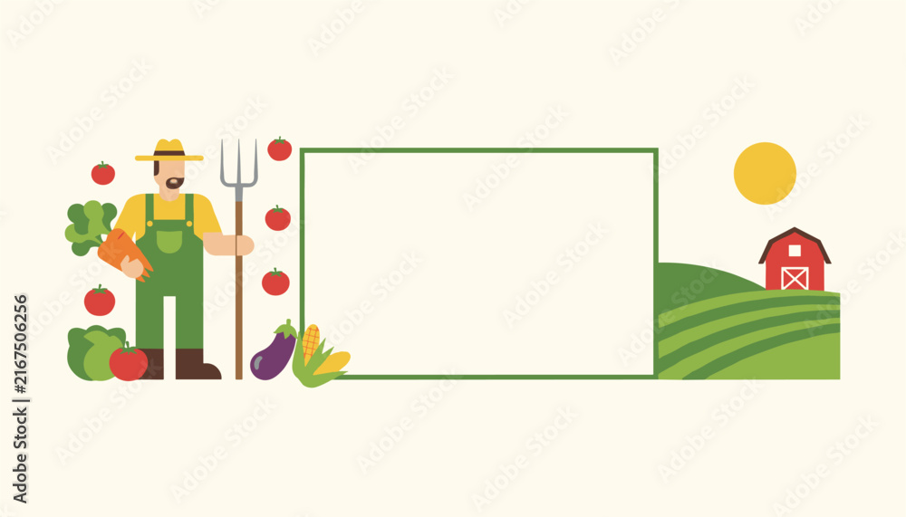 Fototapeta premium Friendly male farmer holding a pitchfork next to a blank billboard on a scenic organic farm background with a barn.