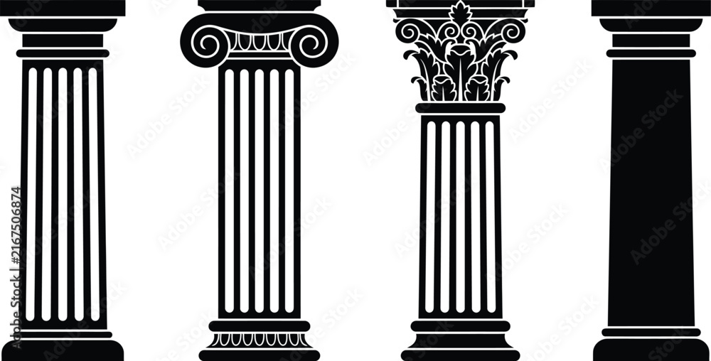 Obraz premium Classical architectural columns with varying capitals presented as black silhouettes
