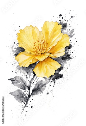 Vibrant Yellow Flower with Black and White Splash Background