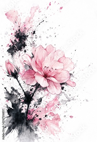 Abstract Watercolor Flowers with Black Splatters