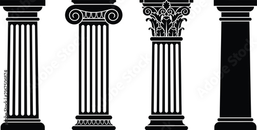 Cuadro en lienzo Classical architectural columns with varying capitals presented as black silhoue