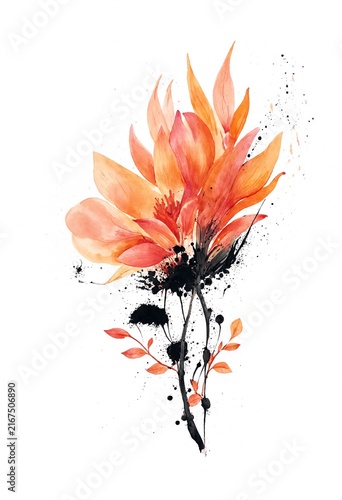 Abstract Orange Floral Ink Splash Art