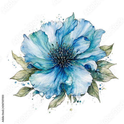 Blue Watercolor Flower with Green Leaves