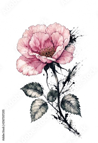 Watercolor Pink Flower with Black Splatters