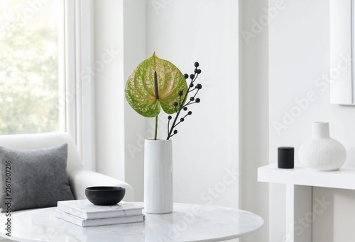 Modern Minimalist Interior with Green Leaf Arrangement