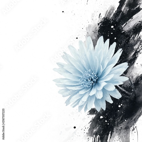 Abstract Blue Flower with Black Ink Splash