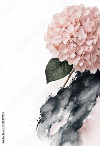 Soft Pink Hydrangea with Abstract Ink Background