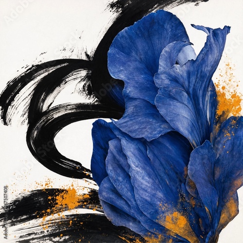 Abstract Blue Flower with Black Brush Strokes and Orange Accents