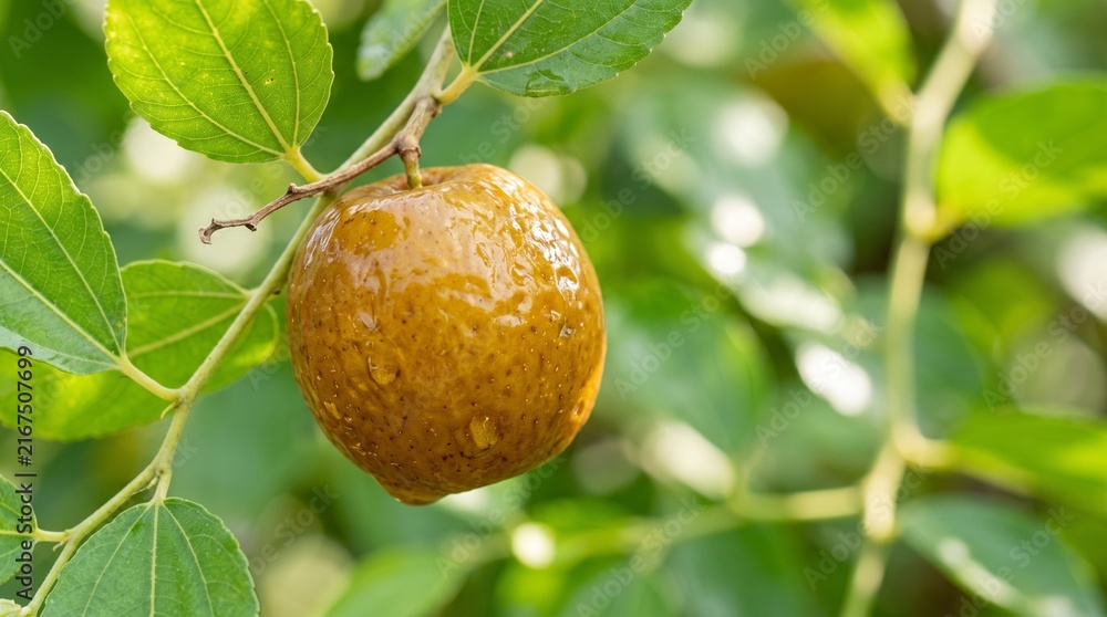 Fototapeta premium Ripe jujube fruit hanging on a leafy branch in a sunny organic garden