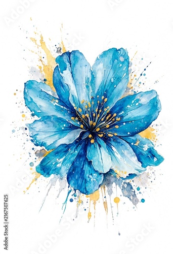 Vibrant Blue Watercolor Flower with Splatter Background