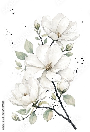 Elegant White Magnolia Blossoms with Green Leaves