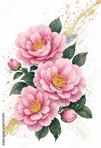 Pink Camellia Blossoms with Gold Splashes