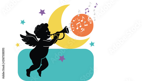 Silhouette of a winged cupid blowing a horn under a crescent moon with musical notes drifting across the night sky.