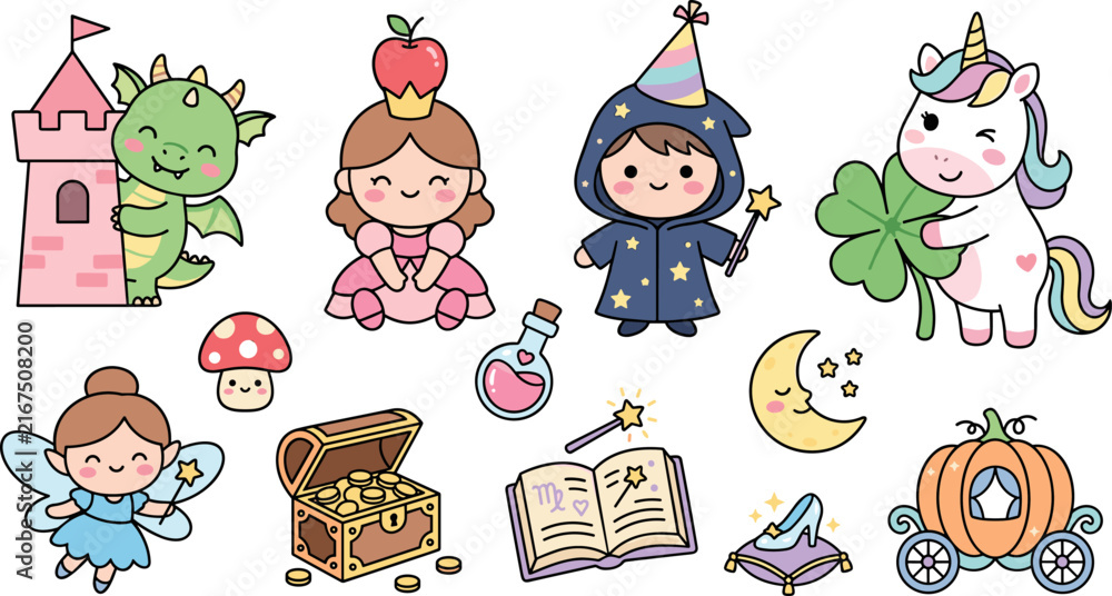 Fototapeta premium Cute Kawaii Fairytale Vector Element Set with Adorable Princess, Dragon, Wizard, Unicorn, Fairy, Castle, and Magic Spell Book for Kids Graphic Designs