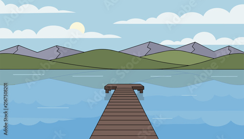 Long wooden dock extending into a peaceful blue lake with rolling hills and mountains under a soft cloudy sky.