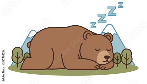 Cute brown bear sleeping peacefully in a green meadow with snowy mountains in the background and Z letters above.