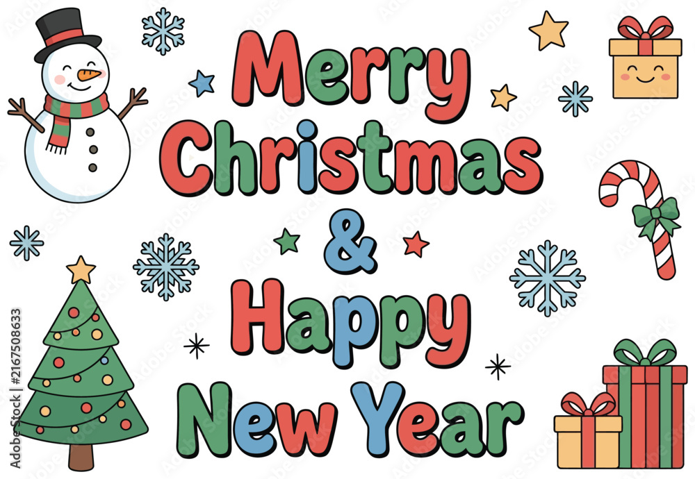 Fototapeta premium Merry Christmas and Happy New Year colorful holiday greeting card