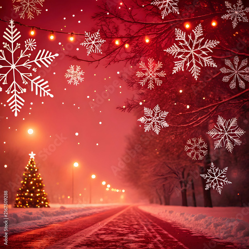 red Christmas background with snowflakes and bokeh