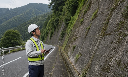 Obraz na płótnie 山間部の道路で法面の状態を確認しながら点検・調査を行う男性技術者