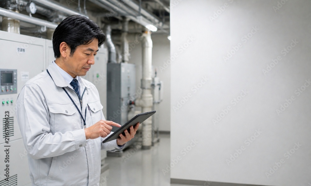Fototapeta premium 工場の設備室でタブレットを使い機械設備を点検する男性技術者