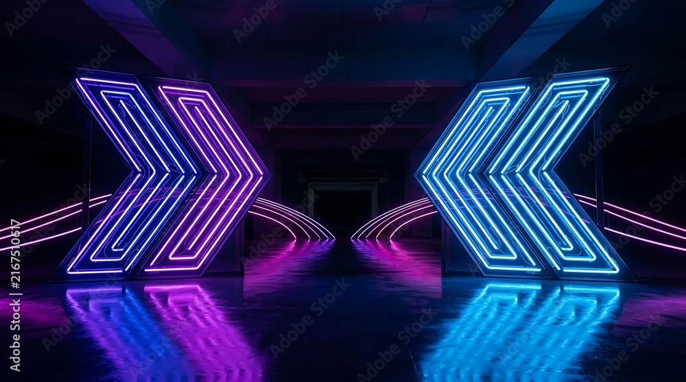 Naklejka premium Neon arrow signs with glowing blue and purple light tubes, arranged in a dark reflective tunnel corridor with symmetrical geometric patterns