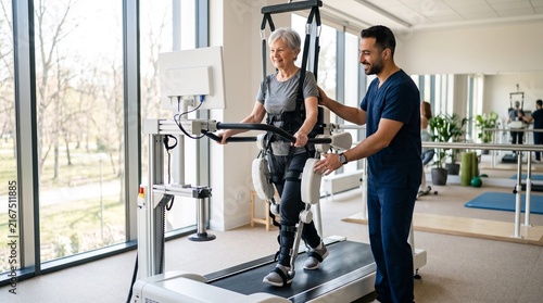 Therapist assisting senior patient on treadmill with robotic exoskelet