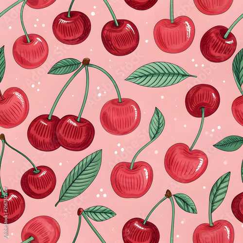 red hand drawn cherry seamless pattern on pink soc