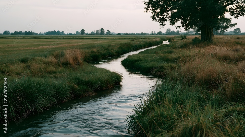 Naklejka premium A narrow water channel winds through grassy farmland under an overcast sky flanked by tall reeds and a solitary tree