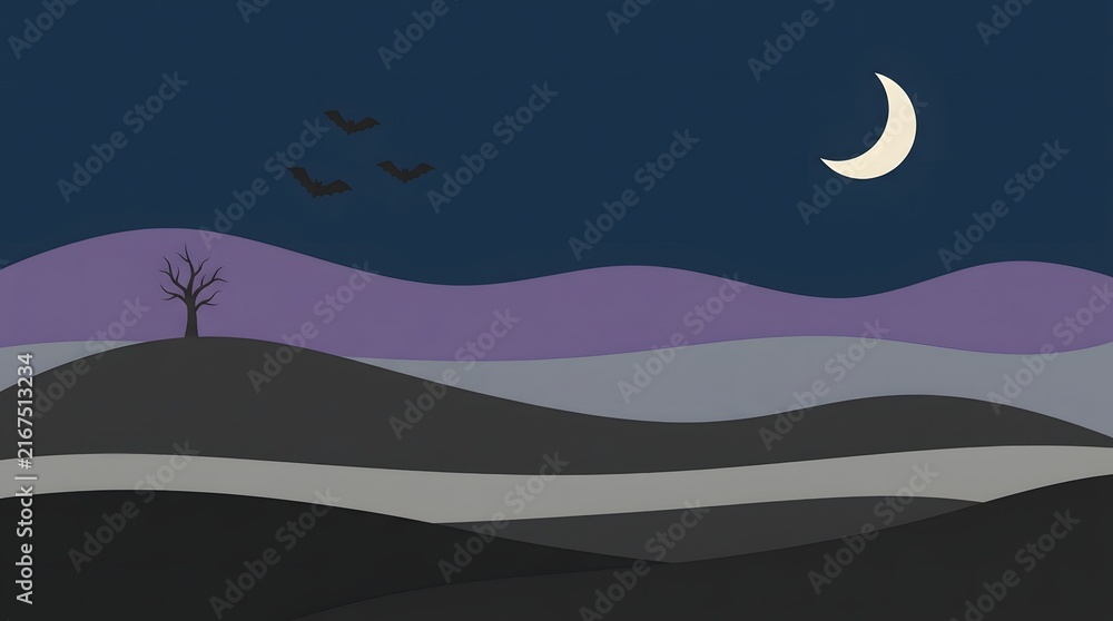 Fototapeta premium A simple and artistic minimal halloween landscape background featuring a lonely silhouette standing on dark rolling hills under crescent moon