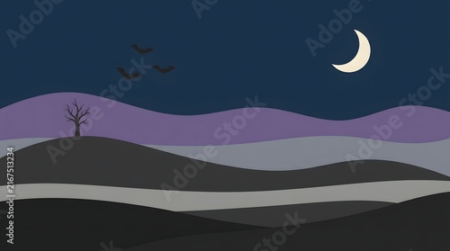 A simple and artistic minimal halloween landscape background featuring a lonely silhouette standing on dark rolling hills under crescent moon