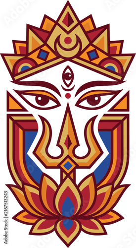 Colorful illustration of hindu goddess durga face with trident and lotus Vector, illustration