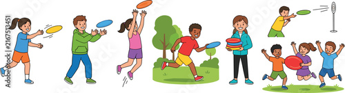 Фотография Kids playing flying disc set children throwing catching frisbee outdoor game par