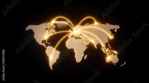 A glowing world map puzzle illustrates global collaboration and business networks. Cinematic lighting highlights international connections in a minimal, modern style.