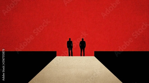 Two silhouetted figures stand apart, divided by an abstract maze and bold red backdrop. The scene captures dramatic lighting and the complexity of human communication.