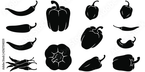 Set of various pepper silhouettes
