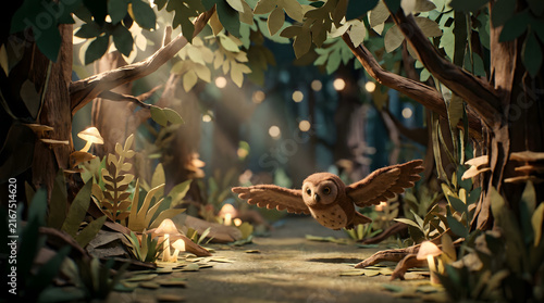 Felt owl gliding through a whimsical papercraft forest with glowing mushrooms and soft lighting