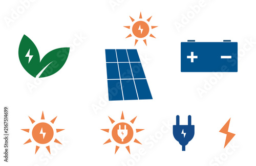 Renewable energy and green power vector icon set featuring solar and eco symbols
