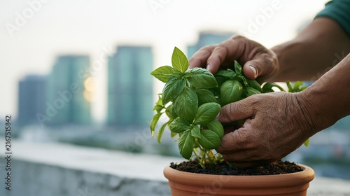 Close up of farmer hands touching fresh morning dew