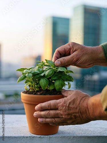 Elderly hands touching dew drops on lush green plant