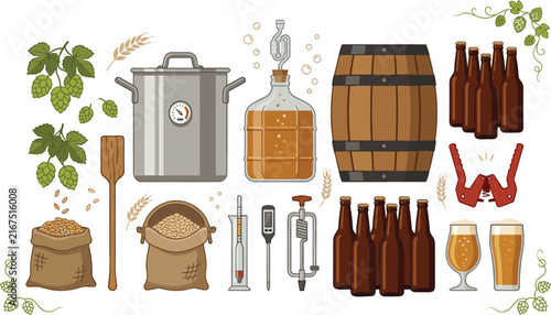 Bild auf Leinwand Craft beer brewing equipment and ingredients flat vector illustration collection